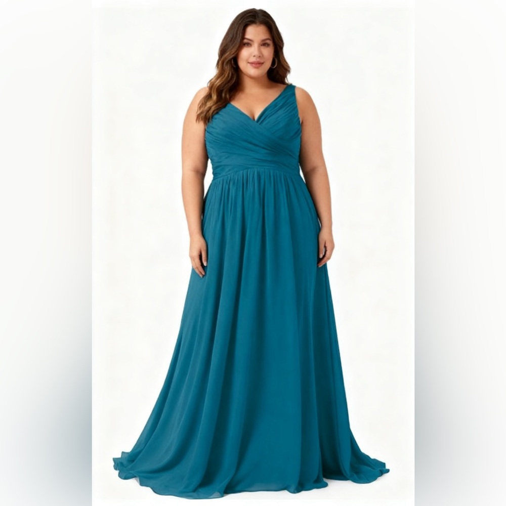 Teal Chiffon Bridesmaid Dress V-Neck Sleeveless Formal Gown Plus Size 18W-20W